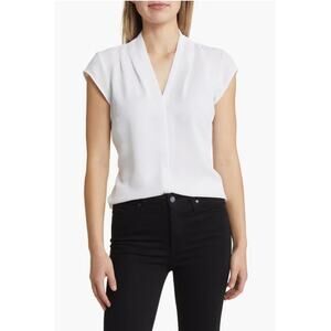 Nic + Zoe White V Neck Blouse Cap Sleeve Minimalist Work Top NWT Medium